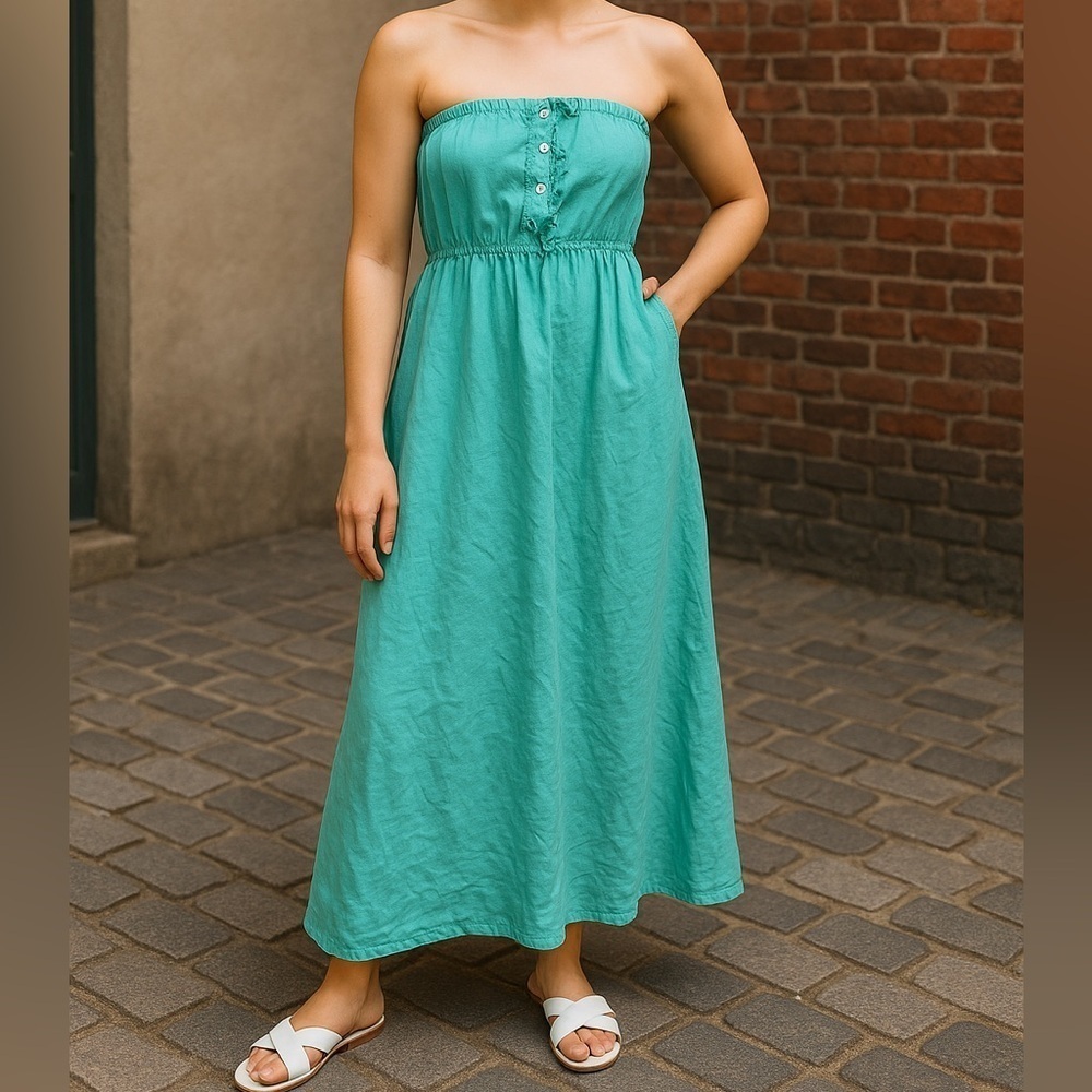 Jolie 100% Linen Light Blue Strapless Casual Beach Resort Wear Maxi Dress Size S